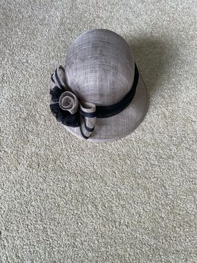 Taupe Women's Dress Hat with Black Trim and Floral Accent